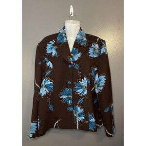 Vintage Queens Fashion Jacket Womens 2XL Brown Blue Floral Blazer 90s Retro Rare